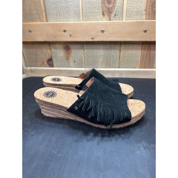 Ugg Womens Black Suede Fringe Cork Wedge Sandals Size 7 - Picture 1 of 9